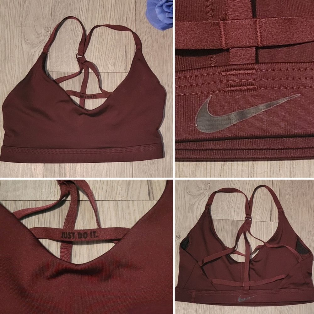Nike Dri-Fit Indy Just Do It JDI Burgundy Brown Strappy Sports Bra, Women's (S)